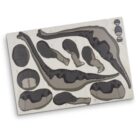 A dinosaur-themed puzzle featuring various pieces shaped like different parts of a dinosaurs body, including the tail, legs, and neck, all set on a rectangular board. The pieces are brown and gray in color.