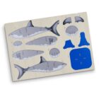 A shark anatomy puzzle with various pieces including fins and body sections laid out on a wooden board. Each piece is marked with numbers for assembly guidance.