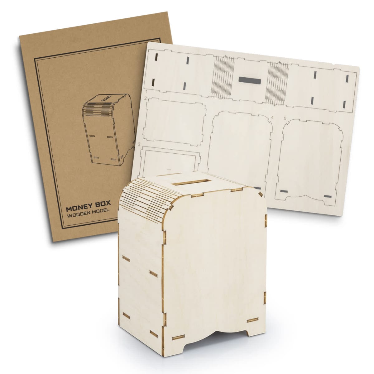 A flat-pack wooden model kit for a money box is shown. The image displays the assembled money box, the unassembled wooden pieces, and the cardboard packaging labeled Money Box Wooden Model.