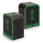 Two black and green laser-cut wooden boxes with a slot on top, featuring a graphic of a plant growing from a coin stack.