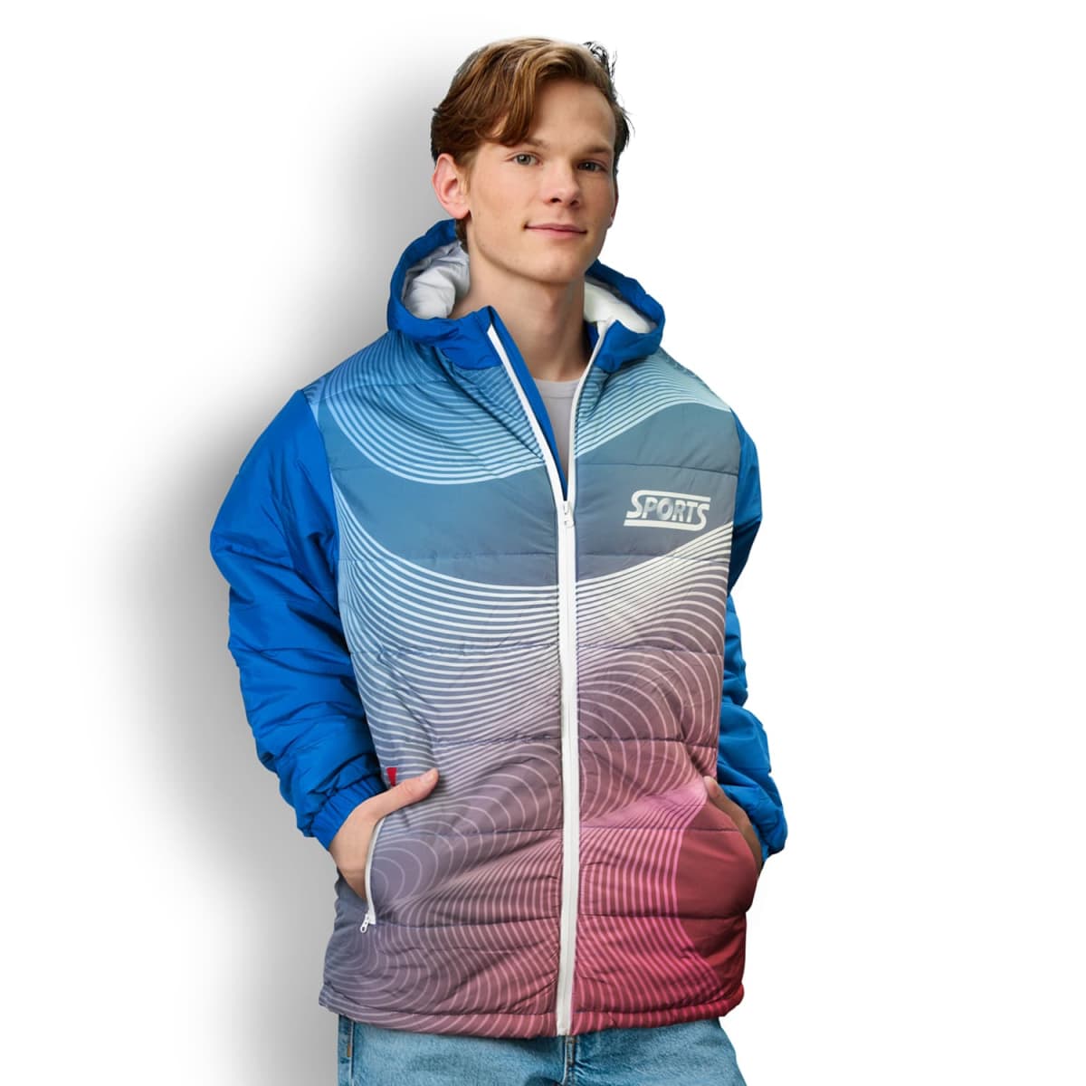A person wearing a colorful jacket featuring a gradient pattern with blue, purple, and red tones. The jacket has a SPORTS logo and a hood. The person is standing against a plain white background.