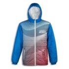 A blue and maroon hooded jacket with a white zipper and geometric wave patterns. The upper section is blue with a SPORTS logo on the left side, transitioning to maroon at the bottom. It has two front pockets with red accents.
