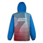 A blue and gray sports jacket with a hood, featuring curved white lines and the word SPORTS in bold on the back. The design has a gradient effect transitioning from blue to gray to red.