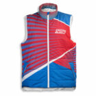 A sleeveless sports jacket with a colorful design featuring blue and red diagonal stripes. The word SPORTS is printed on the upper left side. The collar and zipper are red and white, contrasting with the vibrant pattern.