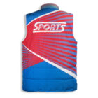 A sleeveless sports vest featuring a bold red and blue design with diagonal stripes. The word SPORTS is prominently displayed in white on the back, set against the colorful background.
