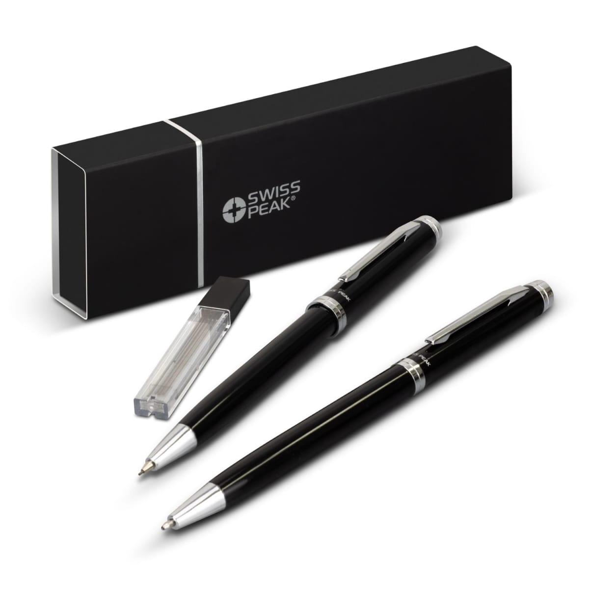 A black pen set featuring two black and silver pens, a black rectangular case with the Swiss Peak logo, and a small clear ink refill container.