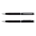 Two sleek black and silver pens, one with a visible clip and the other without, are shown horizontally against a plain white background. Both pens have a shiny metallic tip and accents.