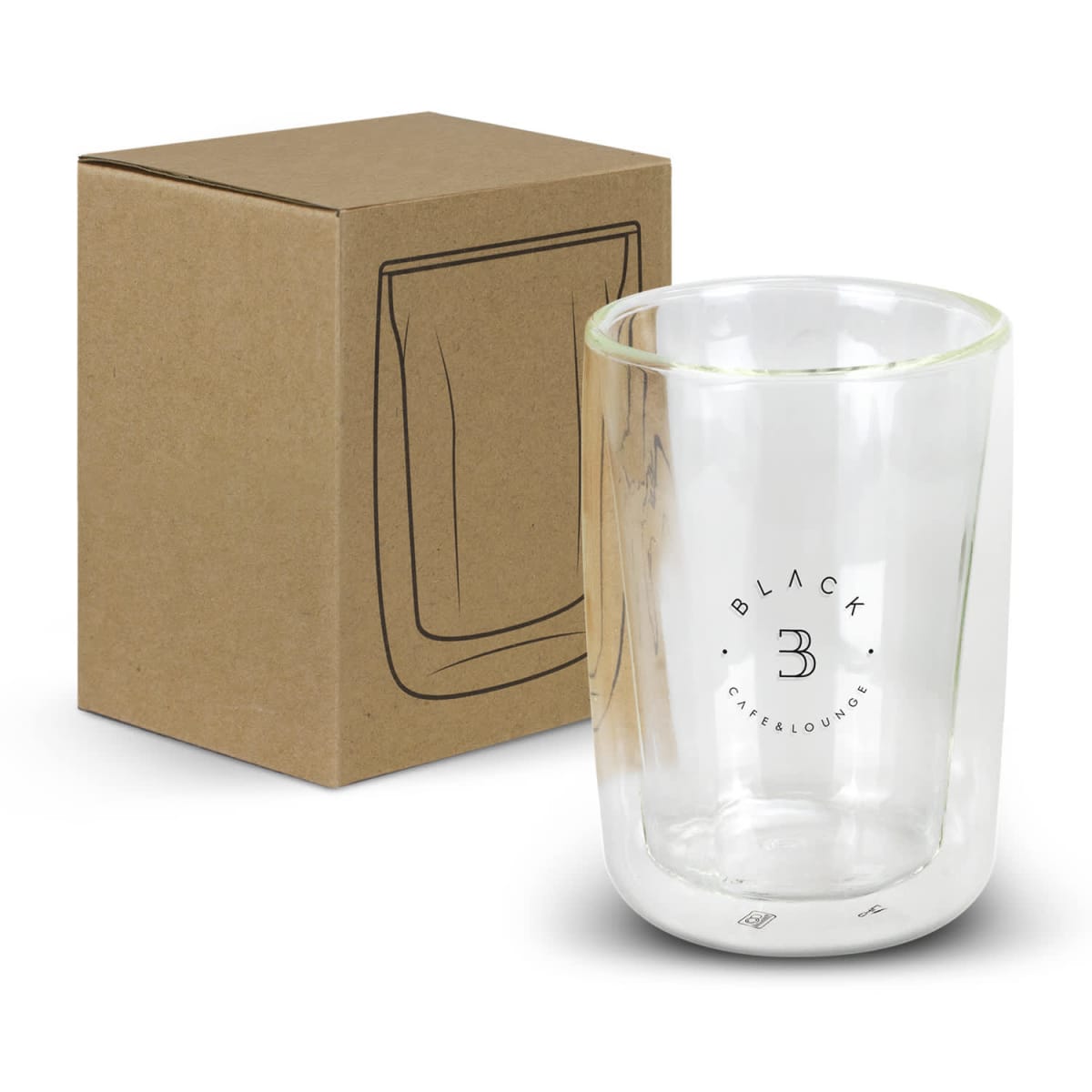 A clear double-walled glass with Black Cafe Lounge logo sits next to a brown cardboard box with a black line illustration of the glass on its side. The glass has a modern design and is empty.