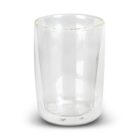 A transparent, double-walled glass cup is shown against a plain, white background. The cup is empty and has a smooth, cylindrical shape.