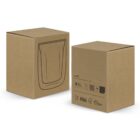 Two brown cardboard boxes with line art illustrations on one side, displaying various certification symbols like FSC, FDA, and recycling logos. The boxes are plain with printed text and simple graphics.