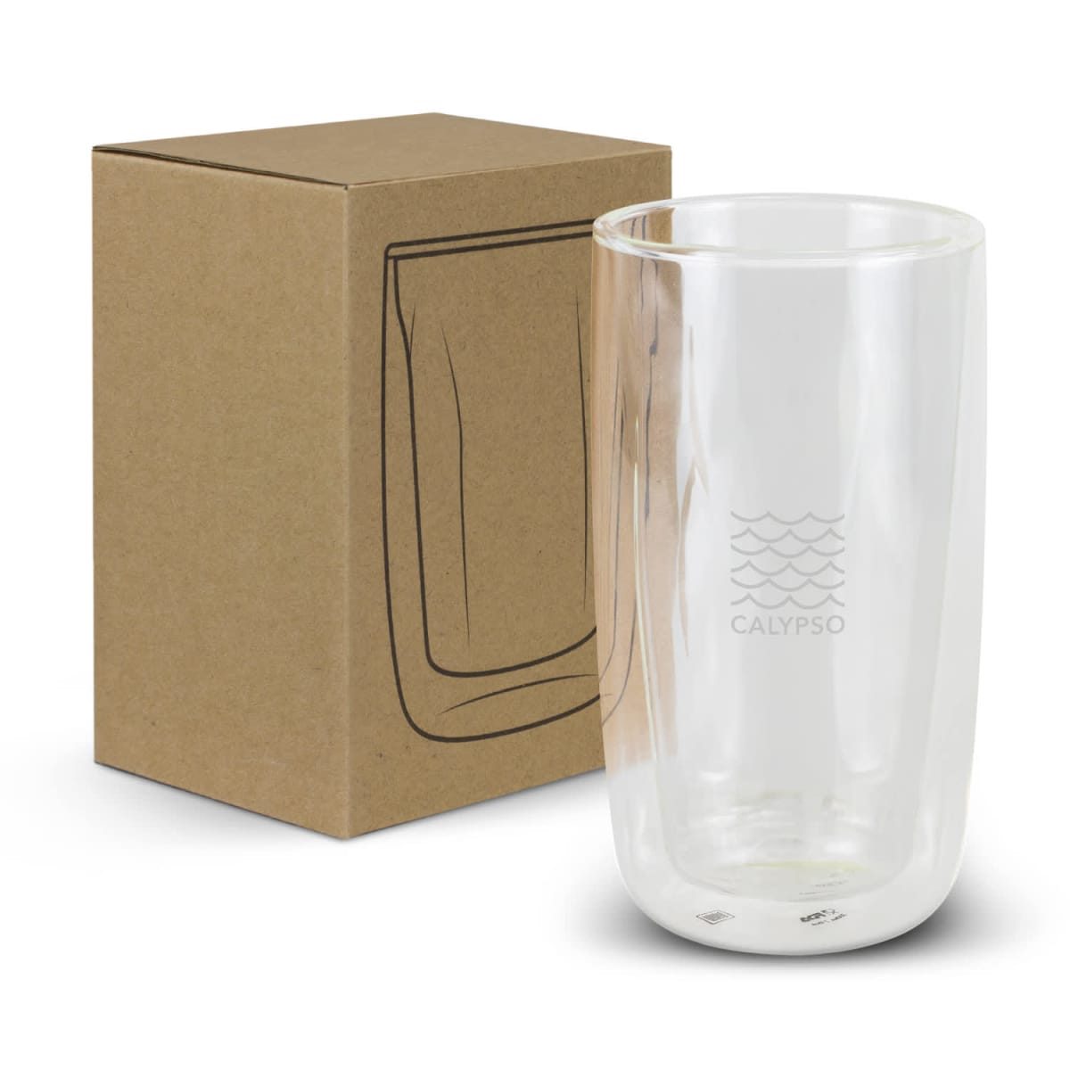 A transparent glass tumbler with the logo CALYPSO and wave design is placed next to a cardboard box. The box features a simple line drawing of the tumbler. The tumbler is double-walled.