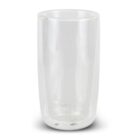 A clear, double-walled glass tumbler is displayed against a plain white background. The glass is cylindrical with smooth, rounded edges, showcasing its sleek and modern design.