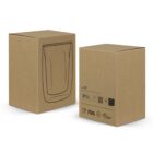 Two cardboard boxes are shown. The box on the left features a simple line drawing of a glass. The box on the right displays various symbols and codes related to packaging, safety, and recycling standards.