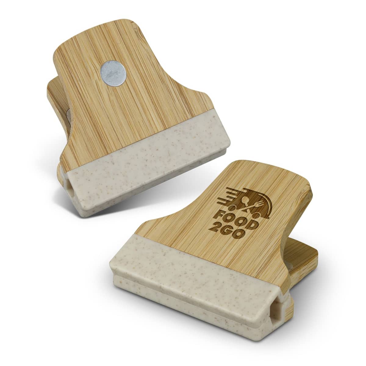 Two bamboo bag clips with white grips. One has the FOOD 2GO logo engraved. They are designed for sealing food bags.