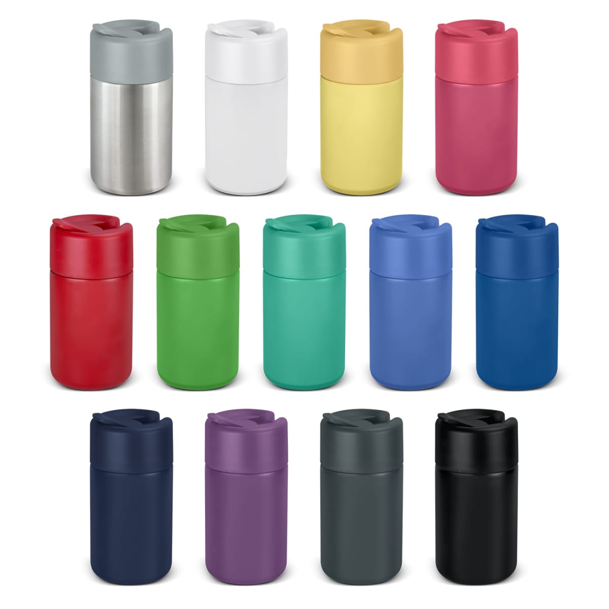 A collection of twelve cylindrical travel mugs in various colors, including silver, white, yellow, pink, red, green, light blue, dark blue, purple, gray, and black, all with matching lids, arranged in three rows against a white background.