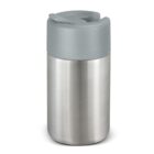 A stainless steel thermos with a light gray lid, designed for keeping beverages hot or cold. The lid features a flip-top opening for easy drinking. The thermos has a clean, modern look.