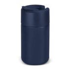 A dark blue, cylindrical travel mug with a closed lid is displayed against a plain white background.