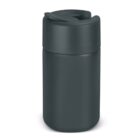 Dark green, cylindrical travel mug with a secure, closed lid. The compact, modern design suggests it is suitable for beverages on the go.