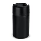 A sleek, black, cylindrical travel mug with a smooth, matte finish and a secure, flip-top lid.