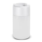 A white, cylindrical travel mug with a flip-top lid, designed for hot or cold beverages. It has a sleek, minimalist design and stands upright against a plain background.