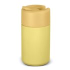 A yellow travel mug with a matching lid, featuring a sleek and simple design. The lid appears to be spill-proof, making it likely suitable for carrying hot or cold beverages on the go.