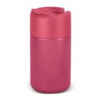 A red insulated travel mug with a smooth surface and a flip-top lid, designed to keep beverages hot or cold. The mug has a sleek, modern appearance, and is set against a plain white background.