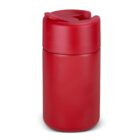 A red insulated travel mug with a secure lid on a white background.