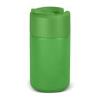 A bright green, cylindrical travel mug with a secure lid designed to prevent spills. The mug has a smooth, minimalist design, making it suitable for hot or cold beverages on the go.