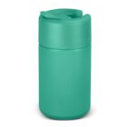A turquoise, insulated travel mug with a closed lid, placed against a plain white background. Its sleek, cylindrical design features a simple, seamless appearance.