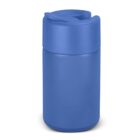 A blue, insulated travel mug with a secure, twist-on lid, designed to keep beverages hot or cold. The mug has a smooth, matte finish and a compact, cylindrical shape, ideal for on-the-go use.