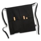A black tool roll with multiple pockets holding wooden-handled tools. Two black straps extend from the sides for securing the roll. The pockets are arranged in two rows, and the fabric appears durable.