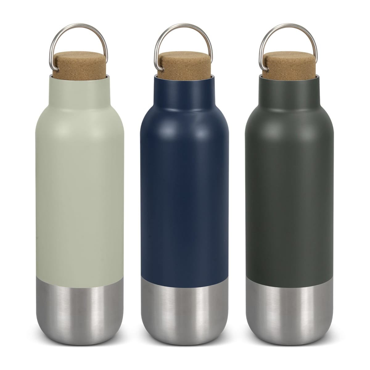 Three stainless steel water bottles with cork lids and metal handles are lined up. The bottles are colored: light green, navy blue, and dark green. The bottom portion of each bottle is silver.