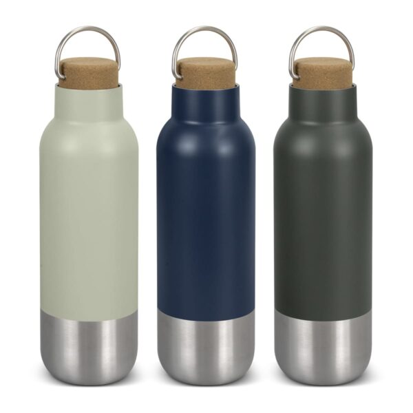 Three insulated water bottles with cork lids are lined up side by side. The bottles are in muted colors: light green, dark blue, and dark green. The bottom half of each bottle is silver metallic. Each lid has a metal handle.