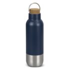 A sleek blue water bottle with a cork lid and a silver base, featuring a metal handle on top for easy carrying.