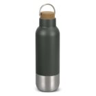 A dark green insulated water bottle with a shiny steel base and a wooden cork stopper. The bottle has a circular handle attached to the top of the cork for easy carrying.