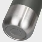 Close-up of the bottom of a stainless steel and matte green insulated water bottle. The base is rounded with a smooth metal finish.