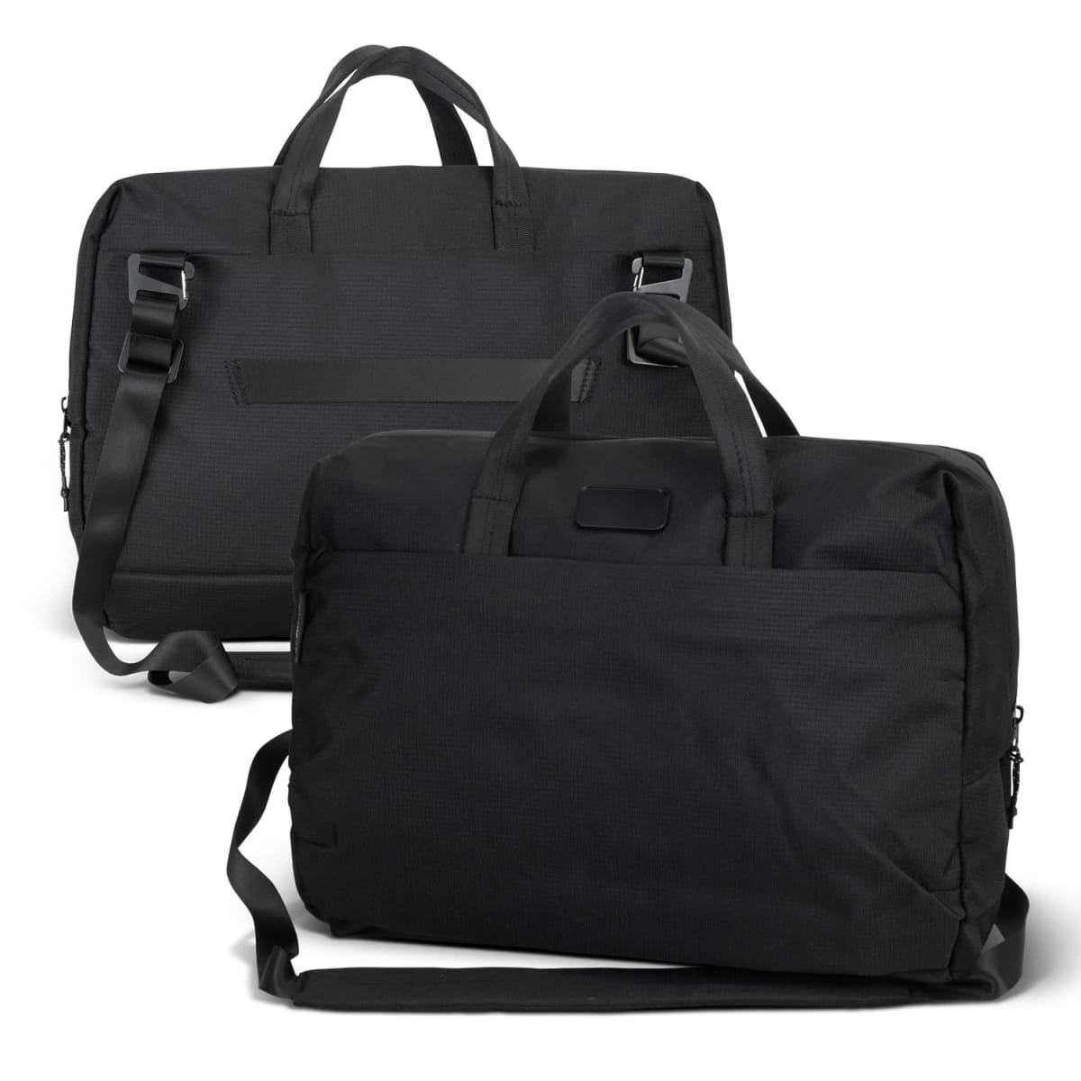 Two black messenger bags with handles and adjustable shoulder straps are shown. One bag is positioned front-facing, while the other is back-facing, both featuring a sleek and minimalist design.
