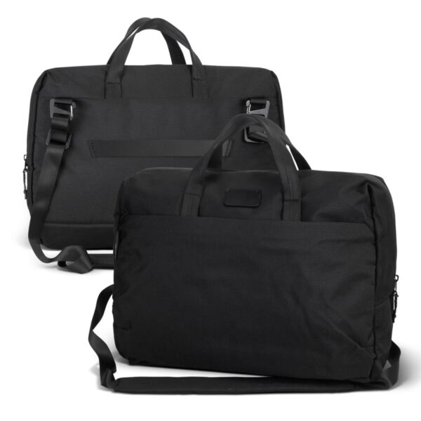 Two black laptop bags are shown with handles and detachable shoulder straps. The bags are positioned to display both the front and back views, highlighting their sleek and simple design.