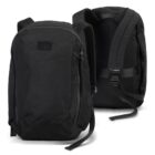 Two black backpacks with minimalistic designs shown from different angles, featuring padded shoulder straps and a top handle. Both backpacks have a sleek appearance with zippers and a subtle logo on one side.
