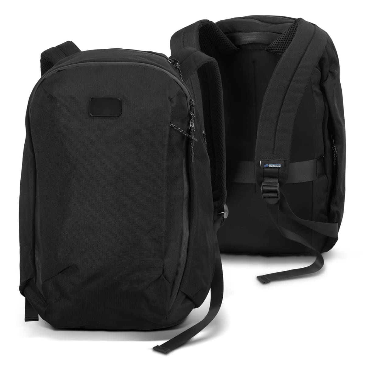 Two black backpacks with minimalistic designs shown from different angles, featuring padded shoulder straps and a top handle. Both backpacks have a sleek appearance with zippers and a subtle logo on one side.