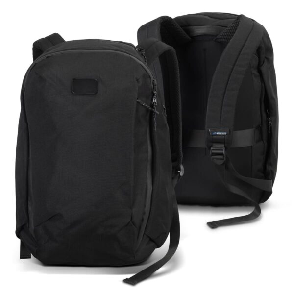 Two black backpacks are displayed. One backpack is shown from the front, featuring a sleek, zippered design, while the other is shown from the back, highlighting adjustable straps and a small logo tag.