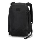 A black backpack with a minimalist design. It features a front zipper pocket, adjustable shoulder straps, and a top handle. The fabric appears durable and water-resistant, suitable for daily use or travel.