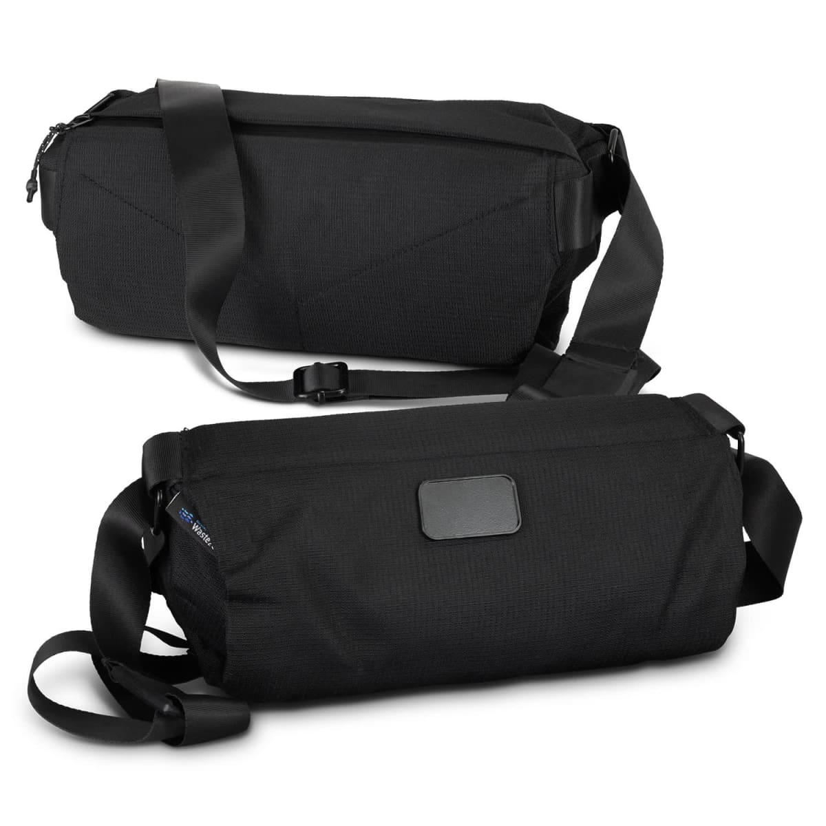 Two black sling bags with adjustable straps are displayed against a white background. One bag shows the front, featuring a sleek design, while the other shows the back, highlighting a rectangular patch. Both have a minimalist, modern style.
