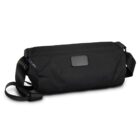A black, rectangular duffel bag with a zipper at the top and an adjustable shoulder strap. Theres a small rectangular patch on the front.