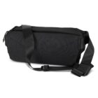 A black crossbody bag with an adjustable strap and a rectangular shape. The bag features a zippered main compartment and subtle stitching details on the fabric, set against a plain white background.