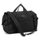 A black duffel bag with dual handles and a detachable shoulder strap is shown. It has a front pocket and is made of durable fabric, designed for travel or gym use.