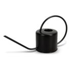 A sleek, modern black watering can with a long spout and a curved handle, set against a plain white background.