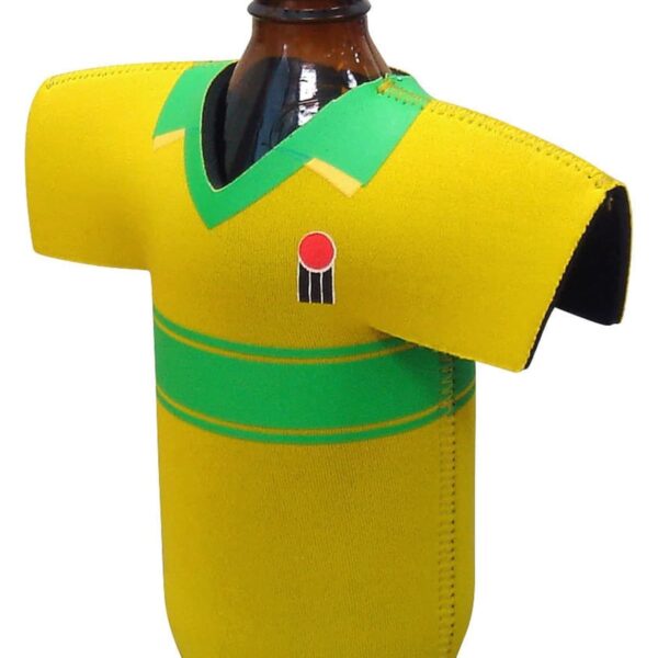 A brown glass bottle with a yellow and green neoprene sleeve shaped like a sports jersey. The sleeve features a green stripe and a small logo with a black circle, red crescent, and vertical black line.
