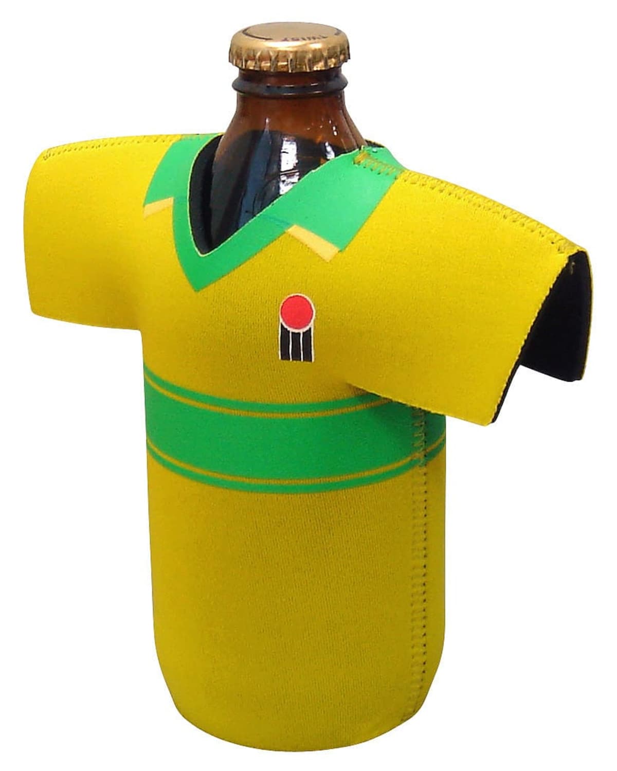 A brown glass bottle with a yellow and green neoprene sleeve shaped like a sports jersey. The sleeve features a green stripe and a small logo with a black circle, red crescent, and vertical black line.