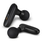 Two black, wireless earbuds with sleek, ergonomic design displayed against a white background. The left earbud features a small button and GO Travel text in white and orange. The earbuds have matte finishes and round ear tips.